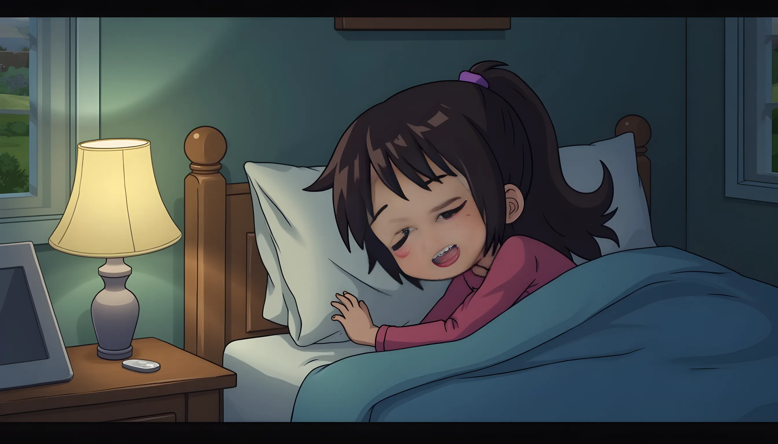 smooth, anime, cute college girl, 21 years old, sleeping in bed, eyes closed, laying on her side, peeing, pissing, bedwetting, warm steam, yellow puddle, peeing self, extremely detalied, 4k udh, hdr 10+, well lit, perfect.