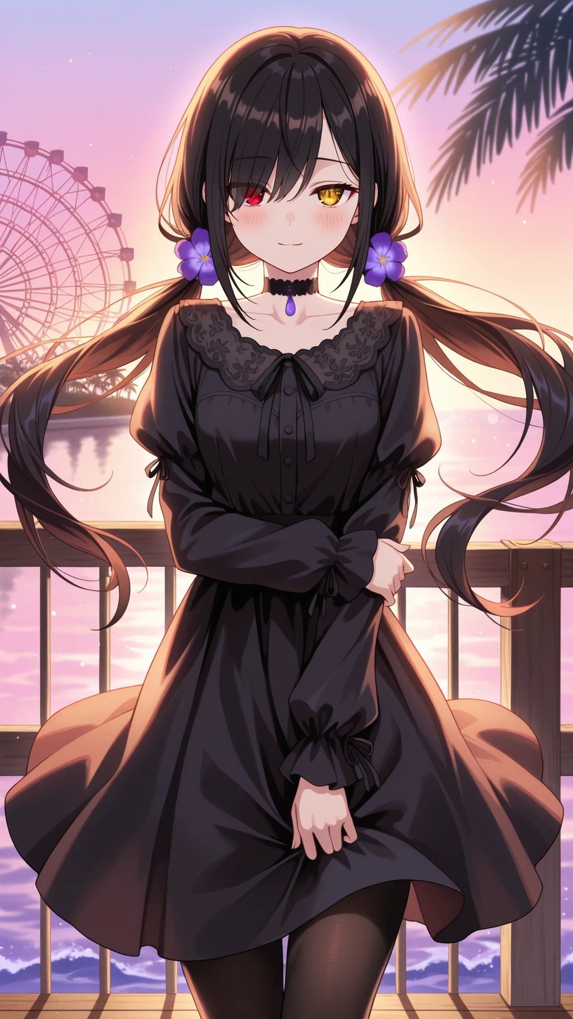 BREAK (masterpiece:1.2), best quality, high resolution, unity 8k wallpaper, (illustration:0.8),looking at viewer, (beautiful detailed eyes:1.6),Wooden pier at sunset, stretching into the calm ocean, warm orange and pink sky casting reflections on wet planks, glowing neon signs from nearby cafés and arcades, Ferris wheel turning slowly in the background, palm trees swaying in a gentle breeze, soft ambient haze, shimmering waves, cinematic golden hour lighting, nostalgic seaside vibe, ultra-detailed, realistic textures, wide shot, shallow depth of field,floating hair,floating skirt,blush, seductive expression,kurumi tokisaki casual, long hair, black hair, red eyes, long sleeves, dress, pantyhose, hair over one eye,yellow eyes,heterochromia, black dress, black pantyhose, puffy sleeves, choker, collarbone, skirt, black skirt, flowers, hair flowers, purple flowers, twintails, low twintails,cowboy shot,front photo,