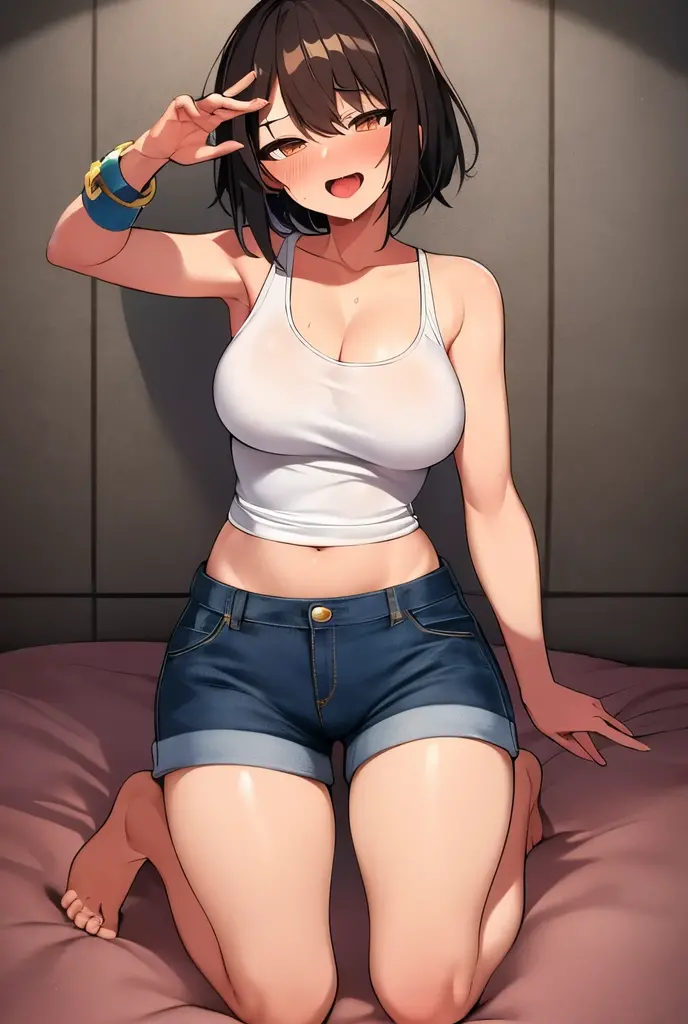 2D，highest quality，(masterpiece)，(full body)，Shameimaru text，amber brown hair，short cut hair，healthy dark skin，（denim hot pants），Tank top，Shiny bare legs，barefoot，beautiful brown eyes，attractive thighs，Bedroom，Get drunk，upper grade，cheeks are bright red，Cute with bruises，devilishly sexy，erotic look，large drops of sweat，It&#39;s stuffy，bold pose
