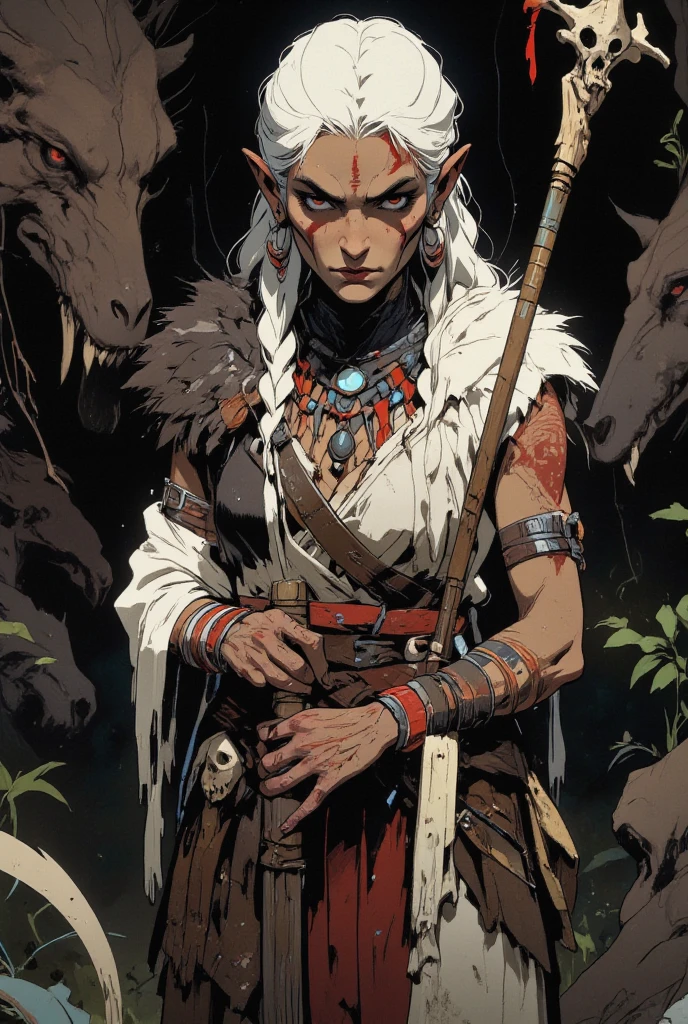 Masterpiece, highest quality, details, brown Puerto Rican female, werewolf, desert landscape, aggressive expression, game character, wearing fur, realistic
