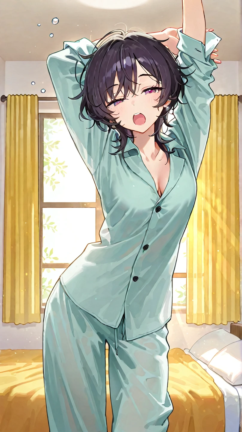 One Girl, Highest quality:1.5,Boyfriend Shirt,Knee-high socks:1.0,Absolute area,Natural Lip,Ecstatic expression:1.0,Bob Hair, masterpiece, Cool girl, there are a lot of earrings, Earrings, Brown Hair, Straight bangs, Grey Eyes, Pale skin, Gal, Improve, Sitting on the couch