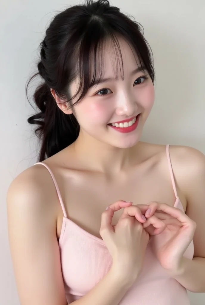 Tabletop、highest quality、shape、Very detailed、High resolution、8k wallpaper、Perfect dynamic composition、Beautiful and detailed ideal hair、Natural color lip, Random sexy poses,smile、20-year-old girl、cute、(highest quality:1.3)、(masterpiece:1.3)、(The Very detailed:1.3)、(wallpaper, One Girl:1.1)、(Detailed hands and fingers:1.2)、(Super Oily, Highly detailed shiny skin:1.1(Heart Print Bra:1.4)、(room)Brown Hair、Natural smile、ponytail、Beautiful sister、(Are standing:1.2)Large Breasts