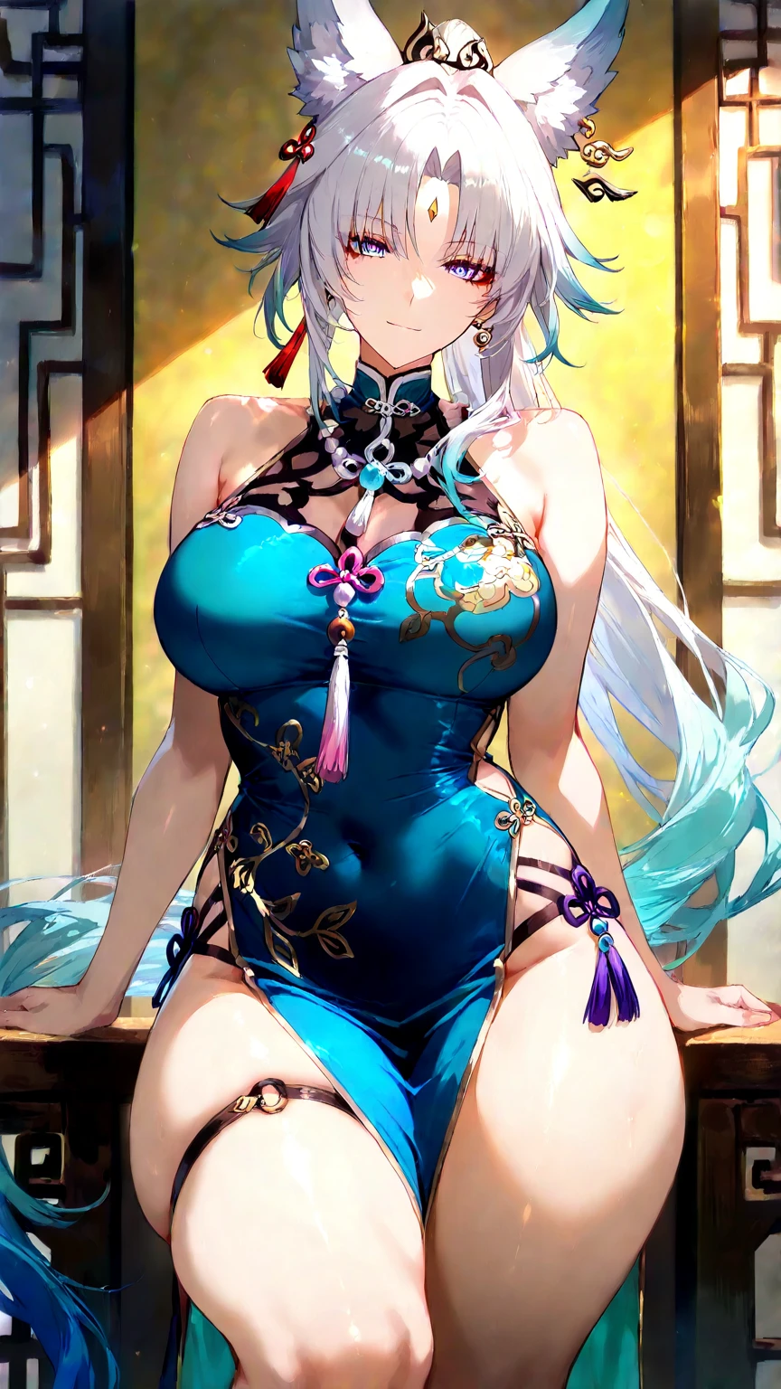 Beautiful woman with blue hair wearing a Chinese dress、I can see her boobs、Nipples are visible、I can see the pussy、blush、Obscene pose