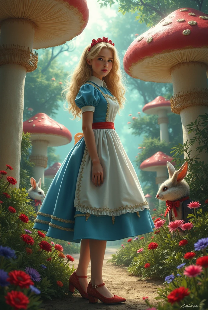 a beautiful 20 year old blonde woman with big messy hair in a blue dress, white stockings, black headband, , holding a glowing mushroom, fantasy art style, rossdraws cartoon vibrant, alice in wonderland cyberpunk, cute detailed digital art, colorfull digital fantasy art, digital fantasy art ), glossy digital painting, rossdraws pastel vibrant, rossdraws 2. 5, rossdraws 1. 0