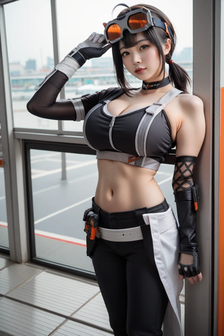 High resolution、One female、girl、Black Hair、short hair、Slanted Eyes、blue eyes、Slender、Small breasts、hoodie、fur、Tank top、Black Mask、Shorts、belly button、Tattoo stickers、Night view