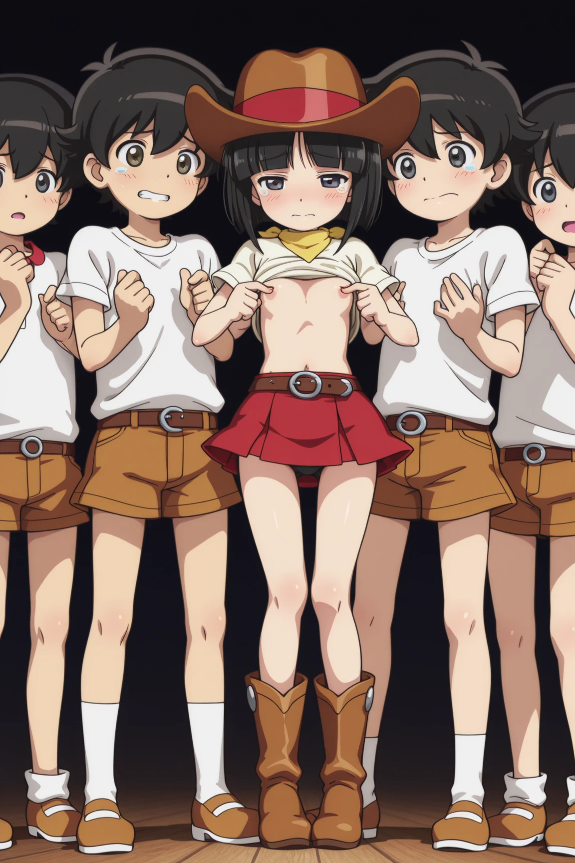 cute embarrassed nudist girl、A large group of naked elementary school boys who are close friends gather together.、take off school gym wear、dynamic angle、((very wide stance))、back
