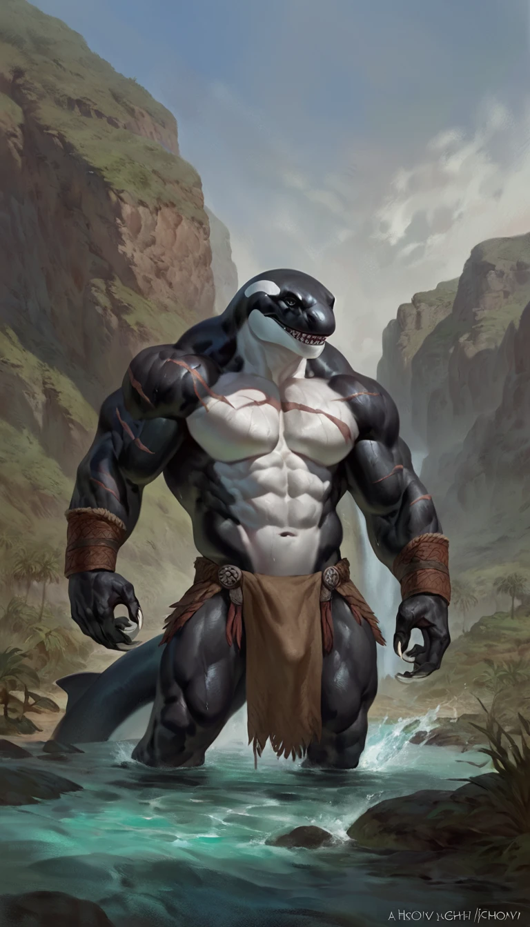 solo, male, humanoid, ultra details, alligator, ultra detailed muscles, black scales, white belly, standing up, proposing marriage, black claws, red slit eyes, muscular, do no have any nipples, menacing, sexy, handsome, ultra detailed slit eyes, pecs, hind leg, tail, (Masterpiece, by null-ghost, ultra hi-res, 8k), wear ancient egypt accessories, naked torso, black colour loincloth, oasis, ancient Egypt landscape, Nile river, front point of view,