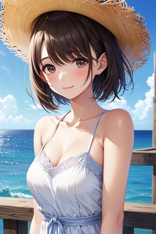(Best quality, dynamic lighting, highly detailed, HDR) Brown haired young woman, mature, beautiful, bob hair, brown eyes, slim, medium-small breasts, white floral summer dress, summer hat, bare shoulder, cleavage, sleeveless, smiling, head shot, beach background, gravure magazine cover.