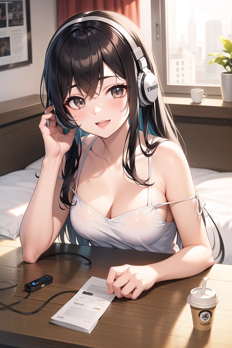 Girl with headphones enjoying music in a cafe I am studying Emphasize a little bit of the chest