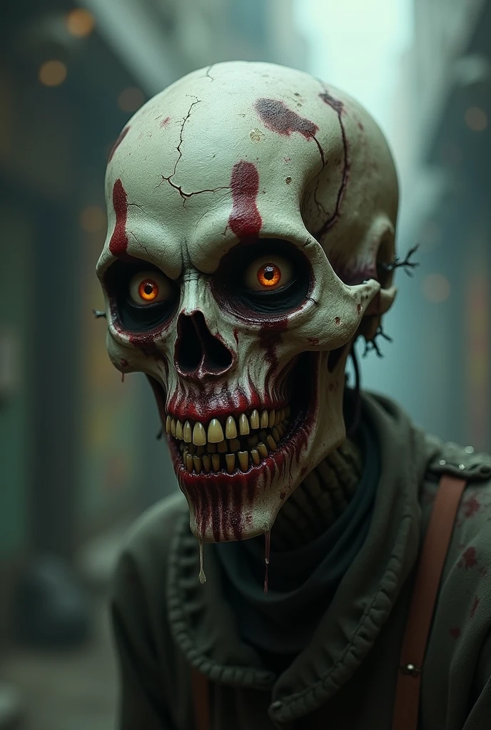 In a post-apocalyptic setting, twilight light bathes a desolate city as zombies emerge from the shadows. Their pale skin reflects the dim light, contrasting with the decadent surroundings. A zombie, notable for its cadaverous expression and empty eyes, slowly advances, highlighting the imminent threat. The visual composition evokes tension and horror, creating a magazine cover-worthy image that captures the terrifying essence of the world of the undead.