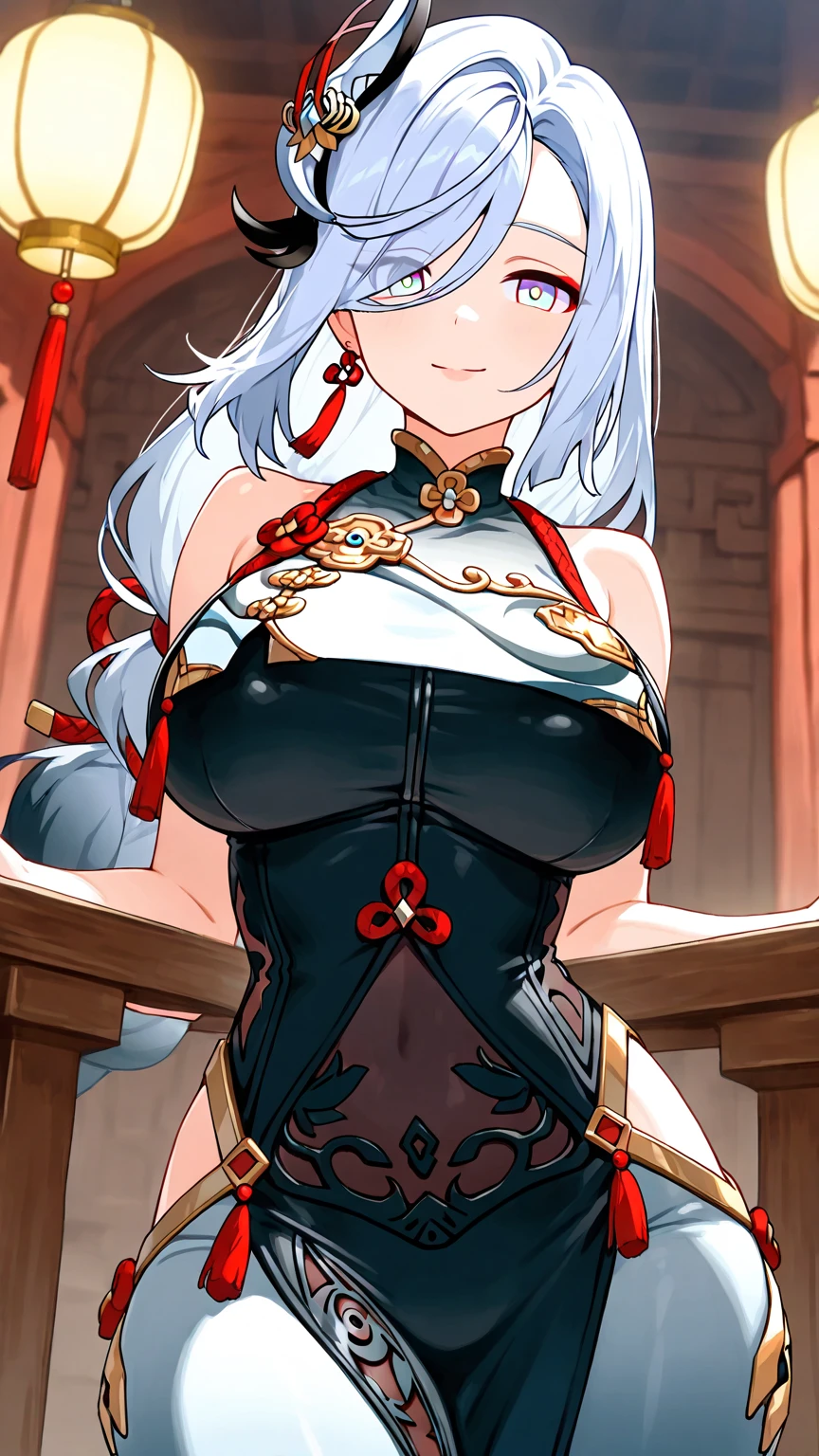 1 girl、Long silver hair、Red Eyes、((Red and black clotheedieval European fantasy))、Charm、Bigger breasts、Expose、Fan、smile、胸のExpose、Belly button、Shoulder Bare