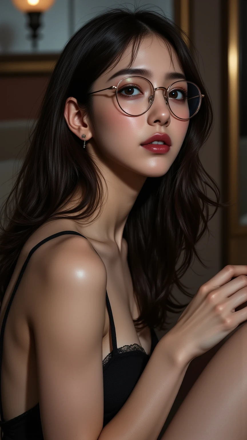 1girl, hips up, full body, big bosom,blue thong,fashion glasses, detailed face, beautiful detailed eyes, beautiful detailed lips, extremely detailed face and eyes, long eyelashes, beautiful woman, elegant, serene expression, photorealistic, 8k, high quality, studio lighting, warm color tones, natural lighting, detailed fabric textures, intricate details, realistic proportions