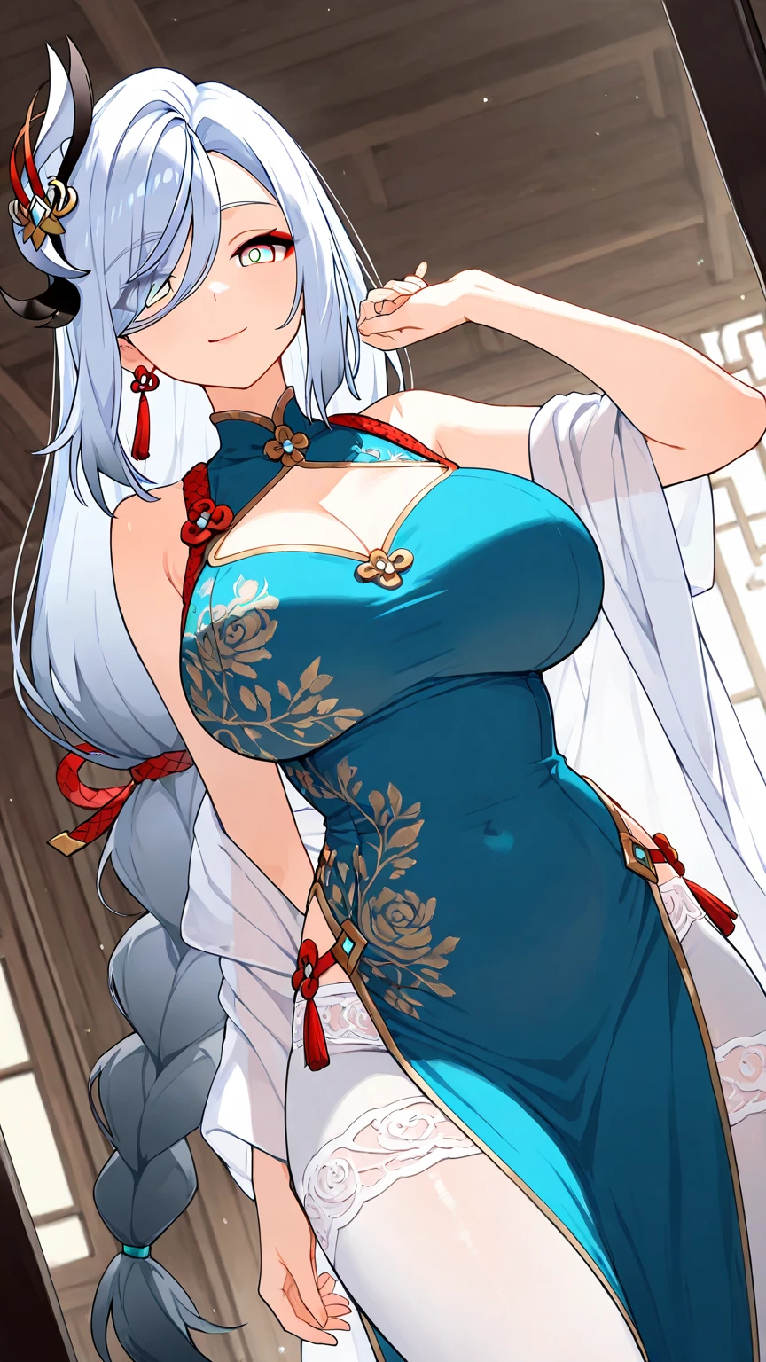 (art: 1.2), (best quality: 1.2) 1 woman, mature, tall (1.85 cm), appeared to be around 35 years old, had long white hair, straight and shiny hair, tied in a Taotist style Chinese, blue eyes like ice, extremely detailed eyes, perfect eyes, extremely realistic eyes, well-aligned eyes, long eyelashes, anime style, perfect face, milf face, full lips, smiling, mature, fair skin, natural body , SEXY BODY, milf body, perfect hands, detailed hands, hands well proportioned to the body, realistic hands, arms with good anatomy, she only wore a Chinese style green dress decorated in gold and silver that still couldn't hide her extremely large breasts and huge ones that were hanging due to their size, thick thighs, wide hips, looking at the viewer, background scene, scene of a Chinese-style pavilion hall, posing alone Looking at the viewer