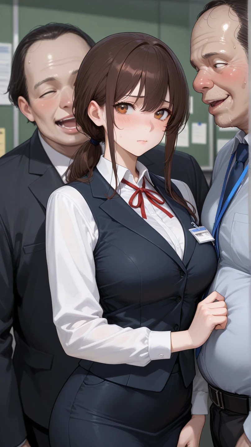 in the office,office girl is sitting on the chair,( office suit,bra lift,mini skirt, open shirt , pulled bra, blush,surprised,nipples , handjob, cum on breasts),( ugly man is lifting girl's bra from behind),( ugly man is grabbing breasts from behind) ,slim, girl is looking at top right