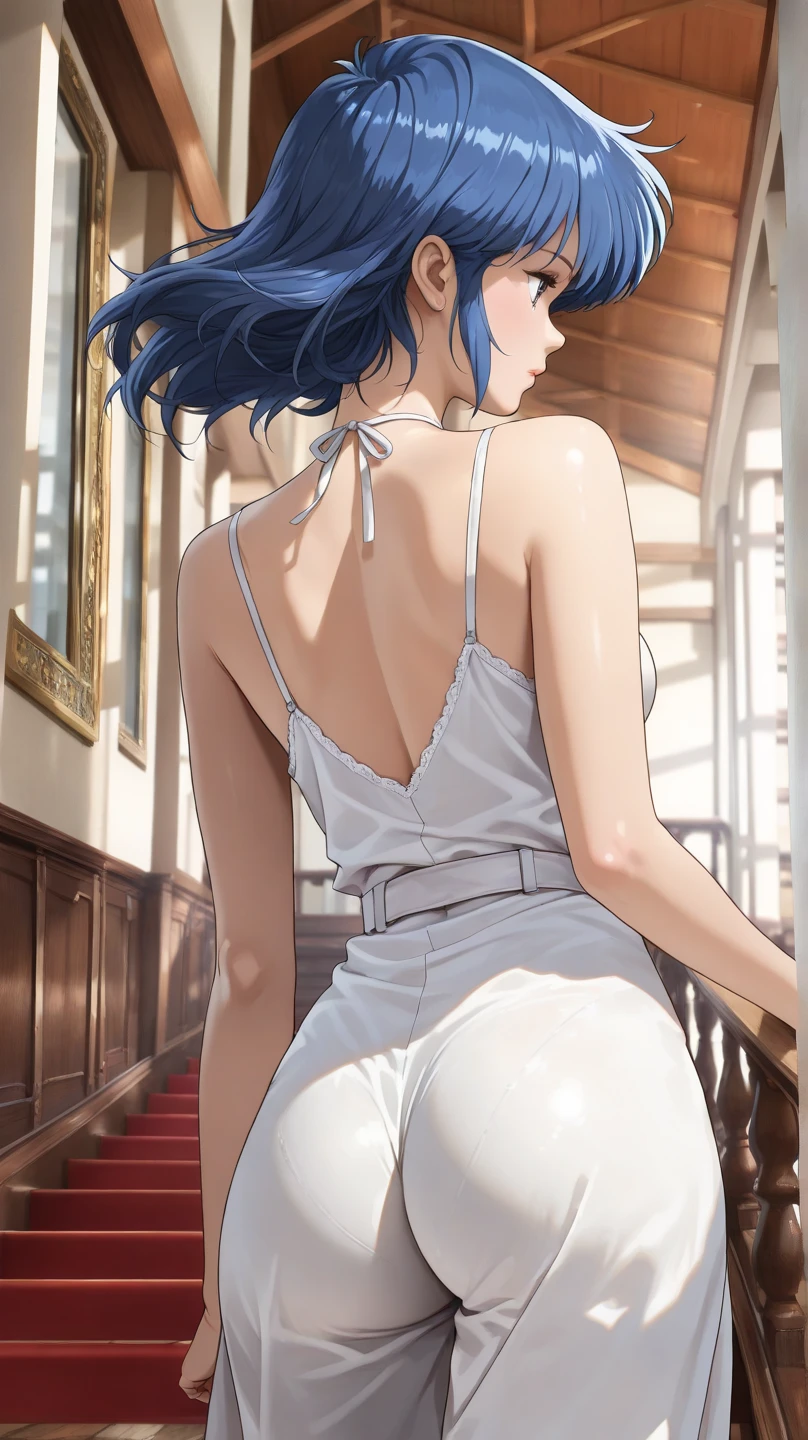 high res, ultrasharp, 8K, masterpiece, looking at viewer, photograph from behind, tight dress, thicc ass, Jennifer Lopez nua, Blue hair, seductive smile, beautiful face, sitting, minimalist coloring, Jennifer Lopez pelada 