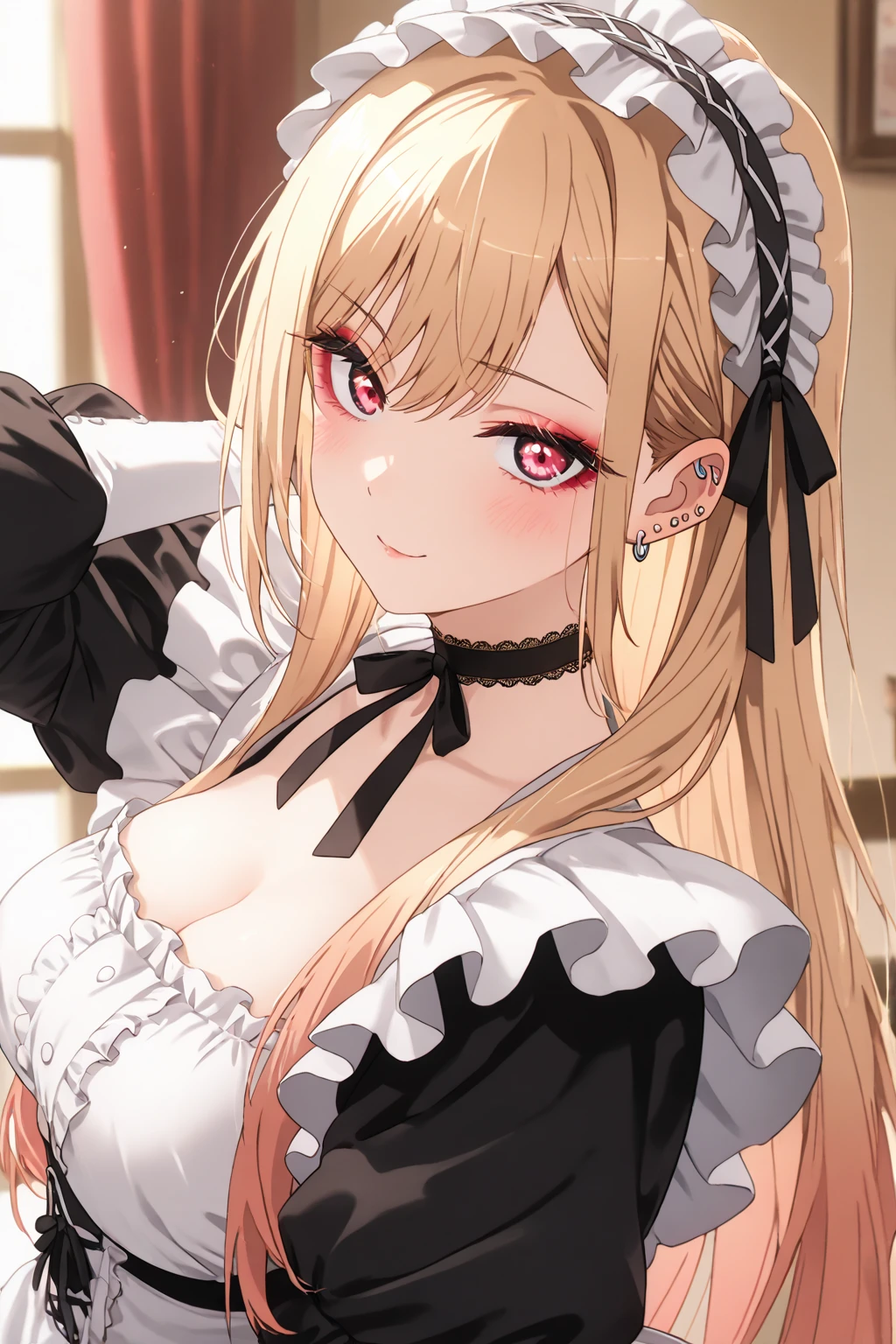 mastute piece,Best Quality,insanely detailed,8k cg,nsfw,
(shoot upper body:1.3),
(1girls:1.3),standing,looking at viewr,body in front,both arms behind back,(maid costume),(bare breasts),
break,
blush,shy,(ecstasy face),(trembling:1.2),break,(light yellow hair),
break,
perfect breasts,perfect teats,(open mouth:0.9),(large breasts:1.3),
(living)、