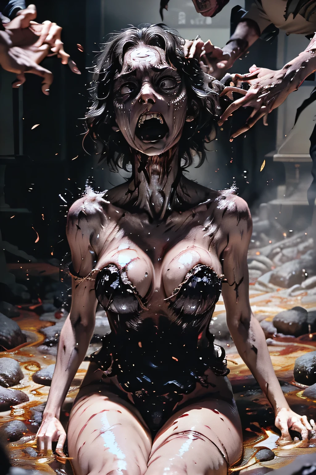 NSFW, Unpleasant smile of a girl who loves knives in a school classroom, ((nude)) , cameltoe, crazy eyes, Niccoli holding a knife in one hand、((bloody knife, accurate knife:1.5), )Psychopath horror、((Bloody, Blood droplets, carnage), Dynamic movement, accurate hands