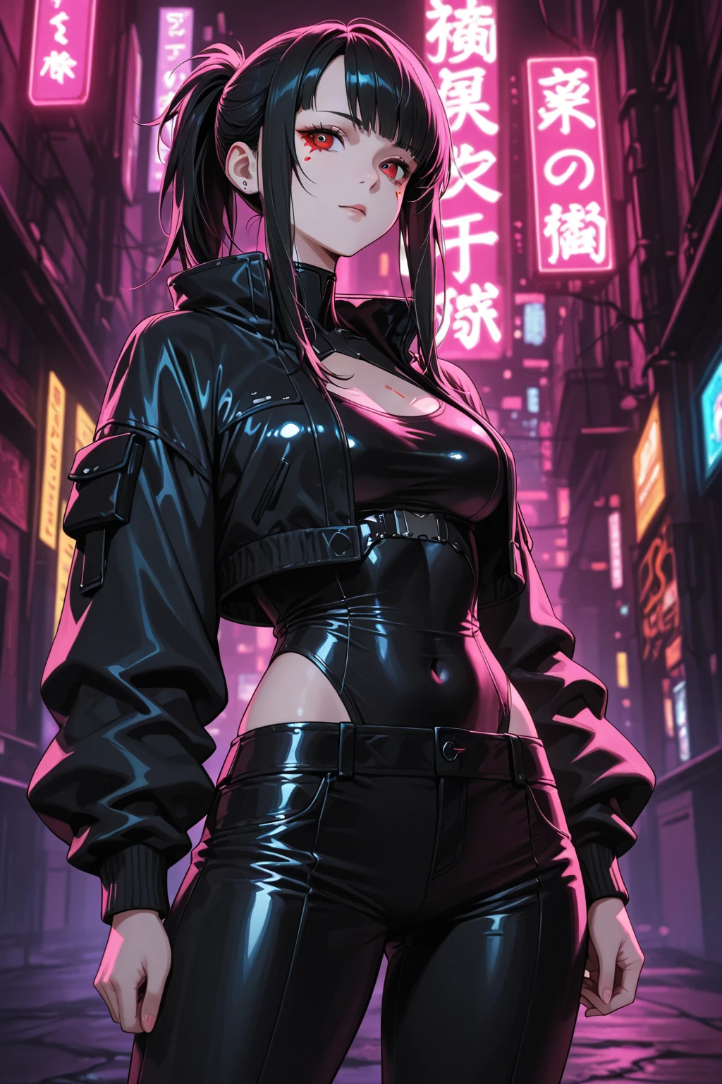 there is a woman with massive breasts in a corset and a black and white outfit, wearing techwear and armor, cyberpunk outfit, wearing japanese techwear, intriguing outfit, all black cyberpunk clothes, cyberpunk style outfit, female cyberpunk anime girl, cyberpunk streetwear, cyberpunk dress, anime girl cosplay, photograph of a techwear woman, cyberpunk anime girl, wearing cyberpunk streetwear, maid outfit --auto