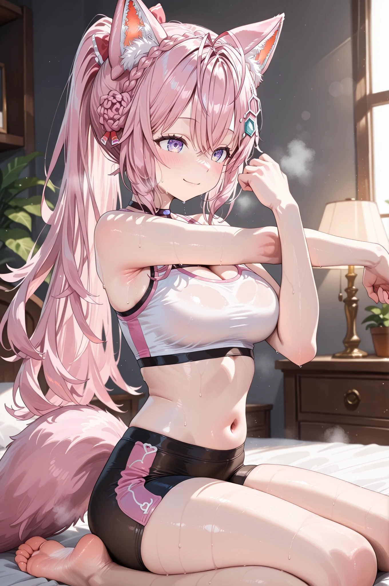 anklet,hairband,fang,soaked,yukata,cleavage,masterpiece, best quality, kawaii, ahoge, beautiful detailed eyes, aqua eyes, eyeball, cat_ears, medium breasts, bare legs, no legwear, wristband, loli, light blush, student, excited, seductive smile, nose blush , open mouth, on_stomach, armpits, leg_lift, tail
