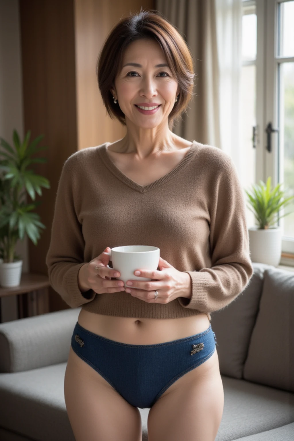 Bolormaa, black short hair, Mongolian woman, ((50-year-old)), (Mongolian skin), (Mongolian eyes), (Mongolian nose), (Mongolian lips), (Mongolian standard face), ordinary Mongolian woman, smiling, hair bobbles, deep eyes, consistent image, ((upper body and upper legs)), full nudity, (((selfie))), (((inside kitchen indoor)))