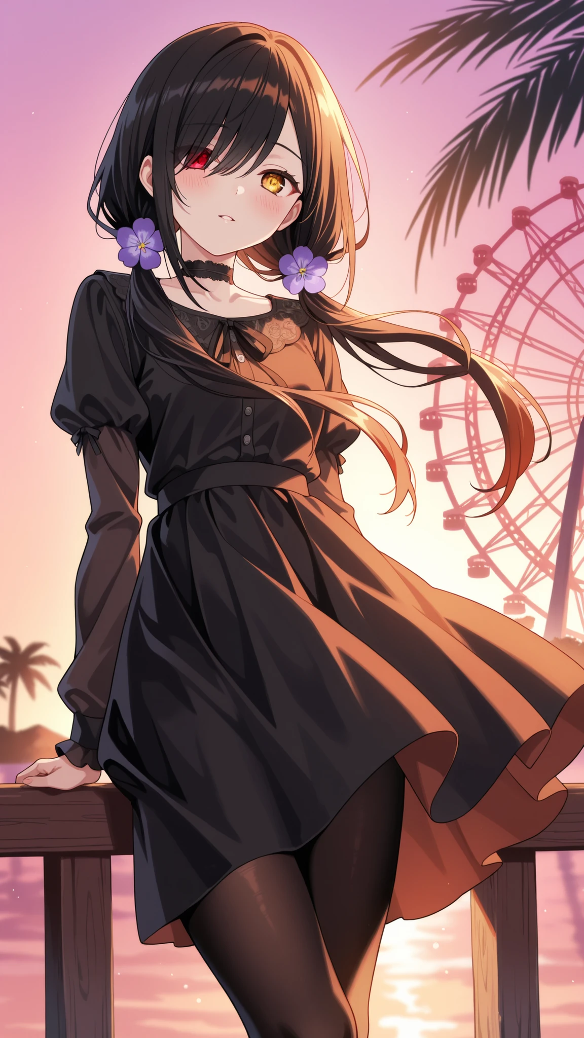 BREAK (masterpiece:1.2), best quality, high resolution, unity 8k wallpaper, (illustration:0.8),looking at viewer, (beautiful detailed eyes:1.6),Wooden pier at sunset, stretching into the calm ocean, warm orange and pink sky casting reflections on wet planks, glowing neon signs from nearby cafés and arcades, Ferris wheel turning slowly in the background, palm trees swaying in a gentle breeze, soft ambient haze, shimmering waves, cinematic golden hour lighting, nostalgic seaside vibe, ultra-detailed, realistic textures, wide shot, shallow depth of field,floating hair,floating skirt,blush, seductive expression,kurumi tokisaki casual, long hair, black hair, red eyes, long sleeves, dress, pantyhose, hair over one eye,yellow eyes,heterochromia, black dress, black pantyhose, puffy sleeves, choker, collarbone, skirt, black skirt, flowers, hair flowers, purple flowers, twintails, low twintails,cowboy shot,,from below,