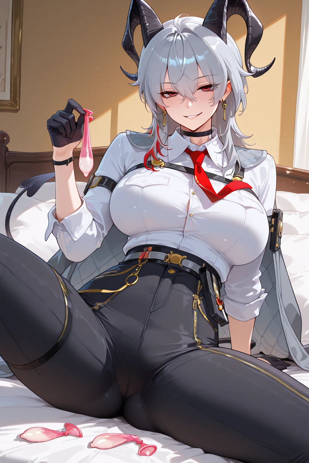 score_9, score_8_superior, score_7_superior, sauce_anime, evaluation_Safety, hakase fuyuki, One girl, Virtual YouTuber, Red eyes, Gray Hair, Long hair short hair, Low twin tails, Side Lock, Hair Clip, Neck ribbon, Red ribbon, Black sweater, Collared shirt, Open jacket, White jacket, flower, Tea belt, Long sleeve, Sleeves are longer than the wrist, White gloves, Pleated skirt, Black Skirt, Black Pantyhose, Lying in bed,Dutch Angle, Particles of light, light, Research Room, window, window shade,masterpiece, Highest quality, High resolution,Titty fuck,Hakase Fuyuki,Virtual YouTuber,vtuber,nsfw,bare breasts,penis,paizuri,breast squeeze,Hakase Fuyuyuki,1boy,男がsuperiorに乗っている,Horse riding,From the head,Sleep,lies down on bed,male on top,from head side,lies down on bed,Horse ridingTitty fuck,gigantic breasts,Huge breasts,A woman is sleeping on her back,A woman is sleeping in bed,Are crying,Angry