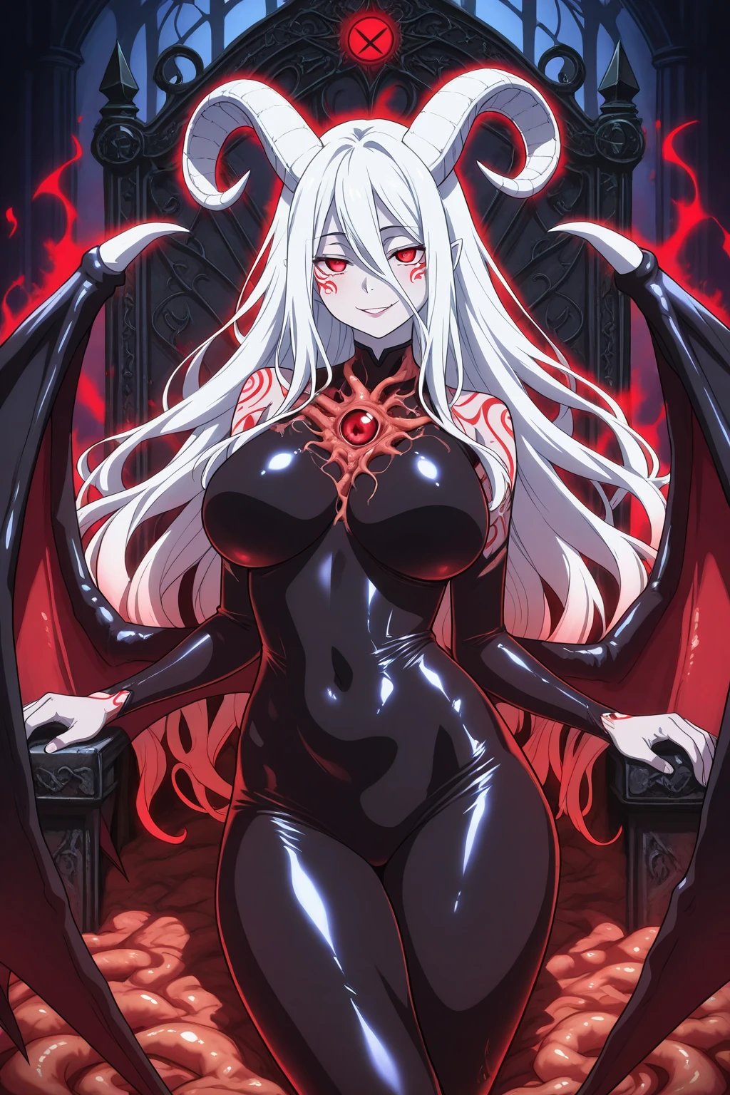  girl, (huge breasts size 128 cm), (narrow waist), Powerful woman, for white, ( big butt size 130 cm ) , beautiful face, fine features, Red eyes, SMILE, devil, psychopath,