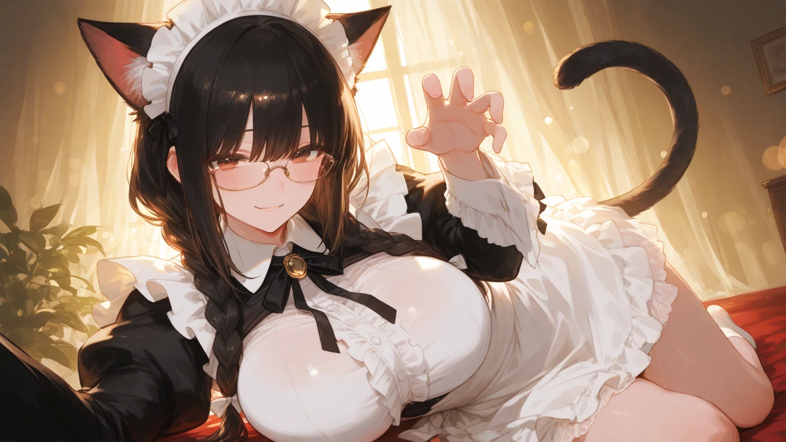 score_9, score_8_up, score_7_up, source_anime, 1girl, dark brown hair, brown eyes, bobcut, hair pin, cat ears, small breasts, eyeglasses, micro bikini maid, headdress, blouse, skirt, apron, areola, cool face, light smile, fellatio, fat man, penis, pov, from above, private room, mansion,