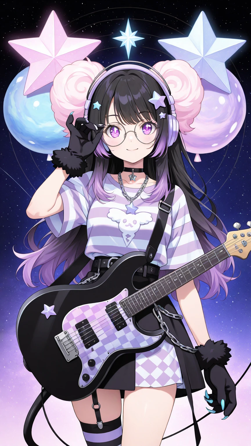 Dark Purple-haired girl playing guitar and singing、(Penguins), (sitting), (long twintails), gold hair ties, zettai ryouiki, medium breasts, smiling, lavender eyes