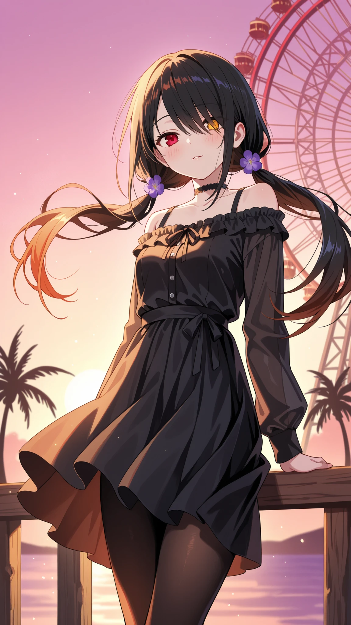 BREAK (masterpiece:1.2), best quality, high resolution, unity 8k wallpaper, (illustration:0.8),looking at viewer, (beautiful detailed eyes:1.6),Wooden pier at sunset, stretching into the calm ocean, warm orange and pink sky casting reflections on wet planks, glowing neon signs from nearby cafés and arcades, Ferris wheel turning slowly in the background, palm trees swaying in a gentle breeze, soft ambient haze, shimmering waves, cinematic golden hour lighting, nostalgic seaside vibe, ultra-detailed, realistic textures, wide shot, shallow depth of field,floating hair,floating skirt,blush, seductive expression,kurumi tokisaki casual, long hair, black hair, red eyes, long sleeves, dress, pantyhose, hair over one eye,yellow eyes,heterochromia, black dress, black pantyhose, puffy sleeves, choker, collarbone, skirt, black skirt, flowers, hair flowers, purple flowers, twintails, low twintails,cowboy shot,,from below,bare shoulder,