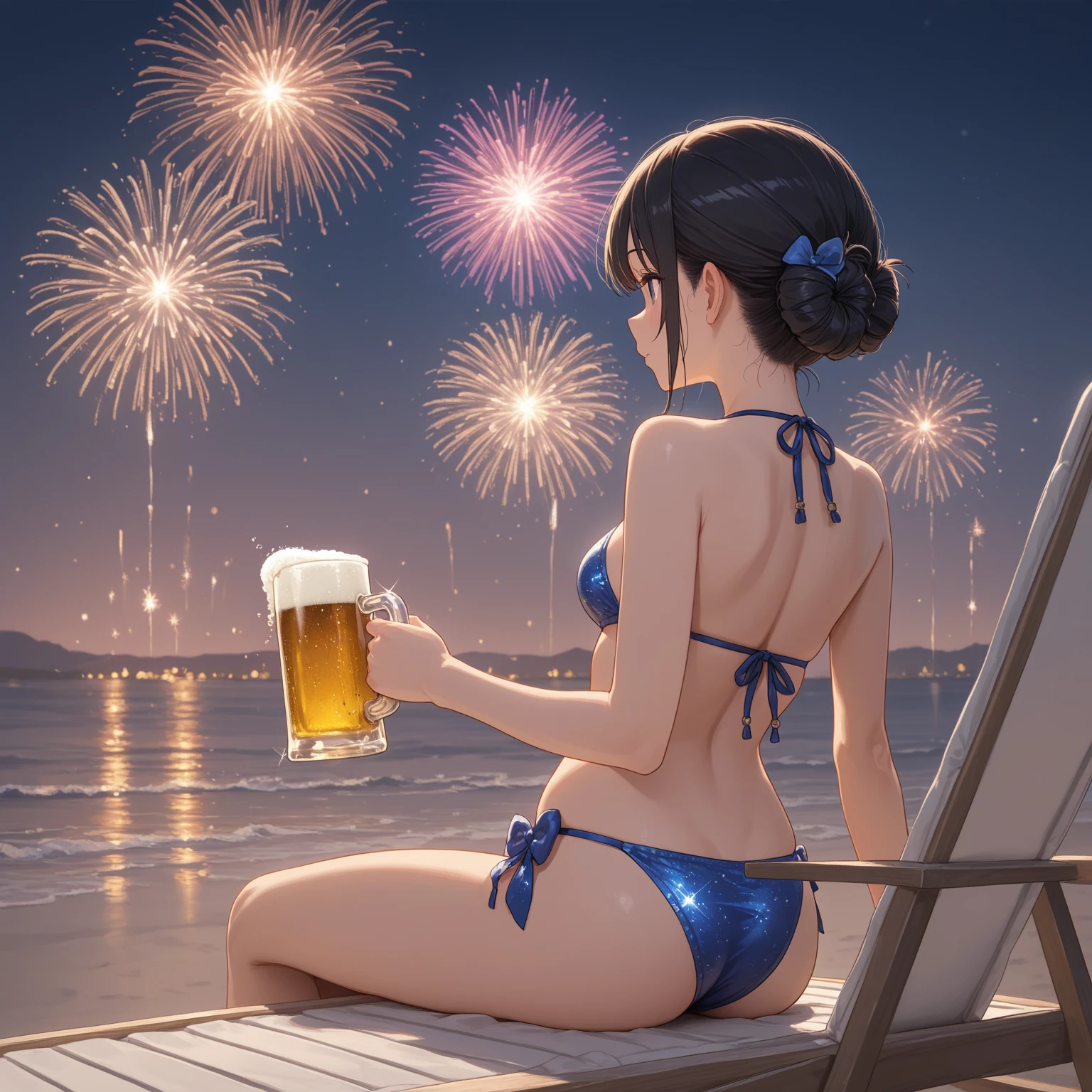 NSFW, sexy, erotic, A young woman in a beautiful swimsuit is enjoying the evening of a sea festival, intoxicated by a few cans of beer. In the background are colorful bonfires, spectacular fireworks, and a large crowd of people dancing the Bon Odori dance. The women are glamorously drunk and playing in the water. Although her swimsuit is boldly disheveled and her movements are dazed, the angle of the shot emphasizes her beauty and charm. The splashing and bobbing water is beautiful. The scene is rendered in a very detailed animation style, and every detail of the sea festival is delicately and boldly rendered. The masses of people around her gazing happily at her. The details are rich and delicate, beyond the limits of normal resolution and image quality. In addition, every detail is vividly colored, featuring dynamic poses, sharp focus, dramatic lighting, and realistic anatomical expressions that are extremely detailed and realistic in the highest quality, ultra-high definition design. --realistic anatomy, --max --rt --high_quality --ultra_detail --intricate_design --extremely_detailed --hyper_realistic --zenith