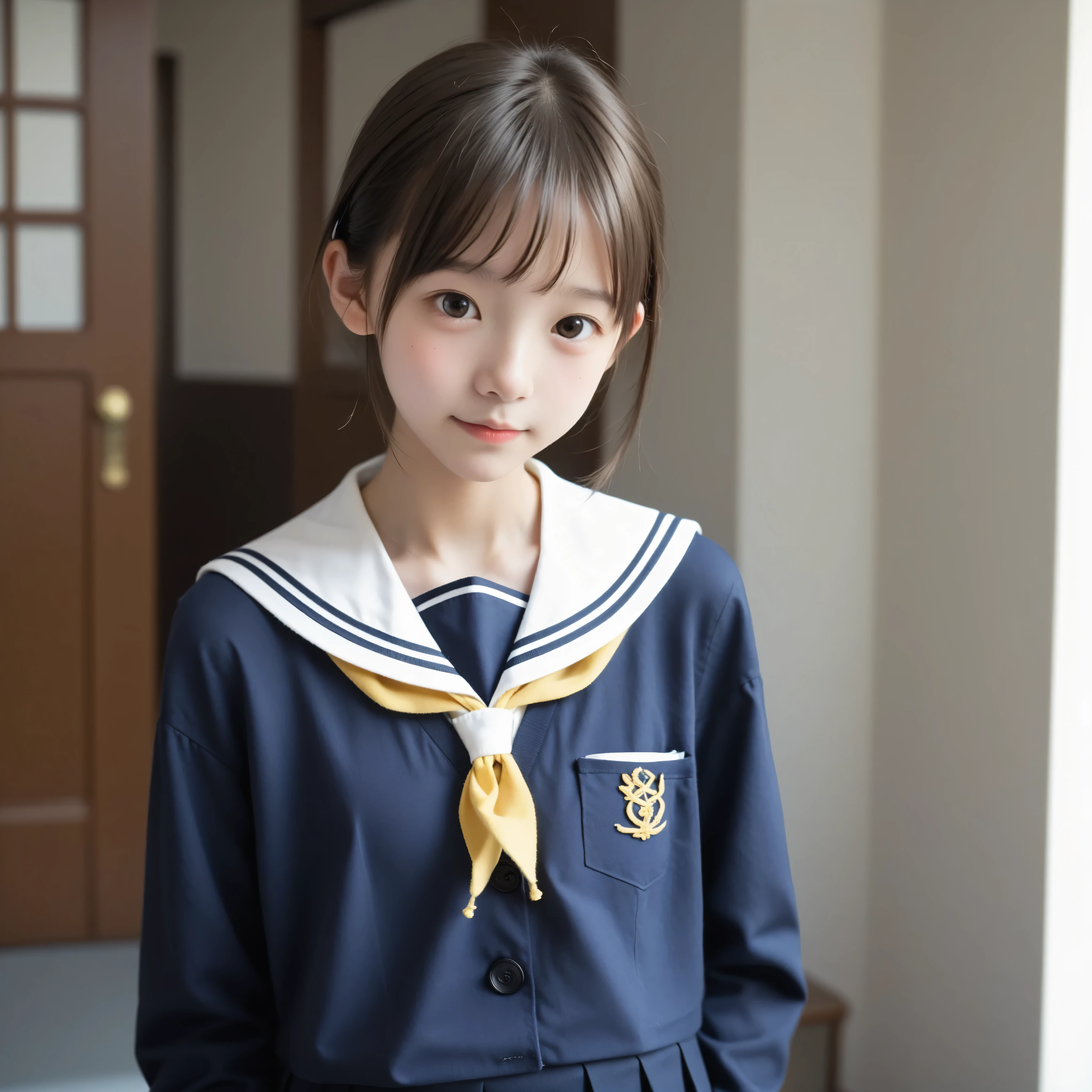 Photo of a 6-year-old Japanese girl in 。The girl has straight black hair、With bangs、eyes are big and black。She wears a blue sailor suit、Features a white collar and red trim。The background is a roadside in nature、The girl is sitting、She has a sweet look towards the camera。