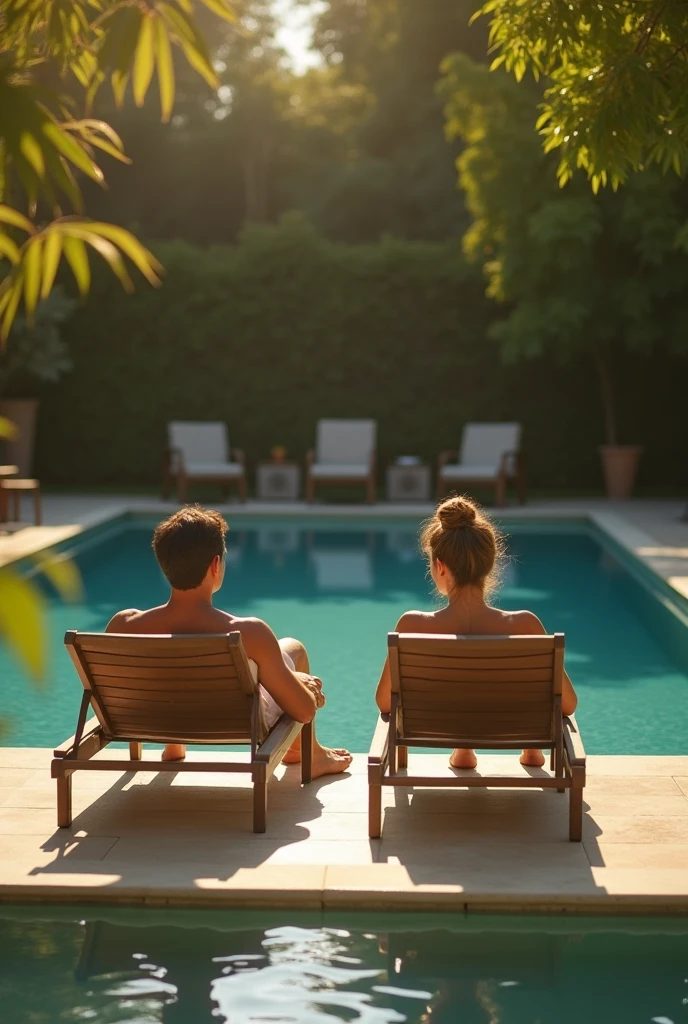 A happy couple accessing a community pool, by placing an RFID Proximity keychain on a reader on the side of the gate to open the door.
The pool is big, with an irregular shape and a lot of garden.