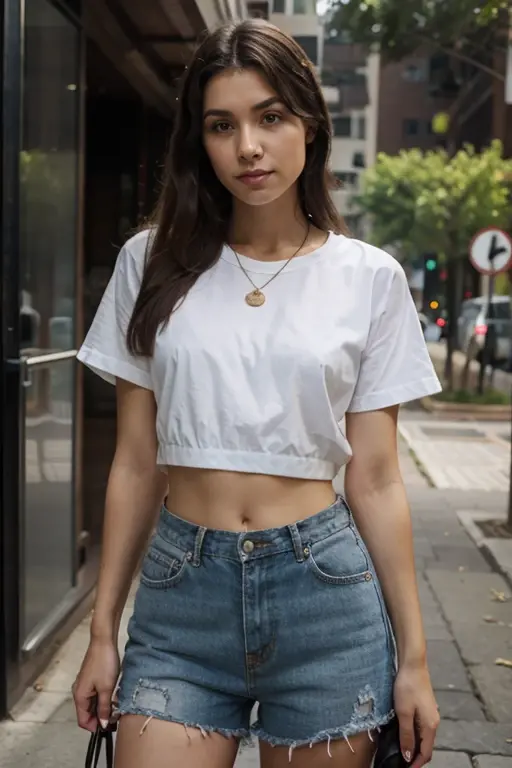 Woman with long hair, a bun, light brown skin, a shirt, and jeans, on the streets of a dangerous neighborhood.