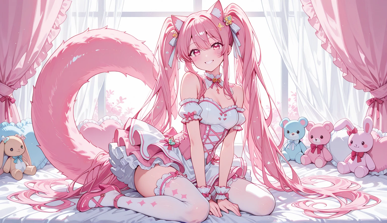 High quality, masterpiece, ultra-detailed, highly detailed outfit, choker, without bra, very tight evening dress, 1girl, solo, peaceful expression, long pink hair, fox ears, enchanting green eyes, ridiculously large breasts, laying on bed, bedroom, many heart-shaped balloons, large amount of balloons