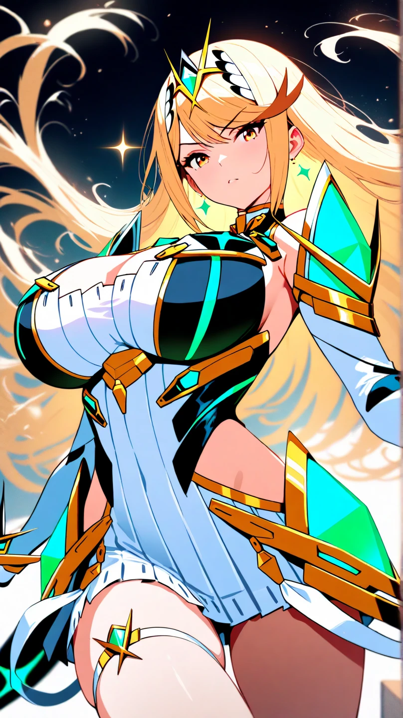 Mythra from Xenoblade, cleavage, big breasts, long hair, blonde hair, sexy girl, 1 girl, masterpiece, best quality, high resolution