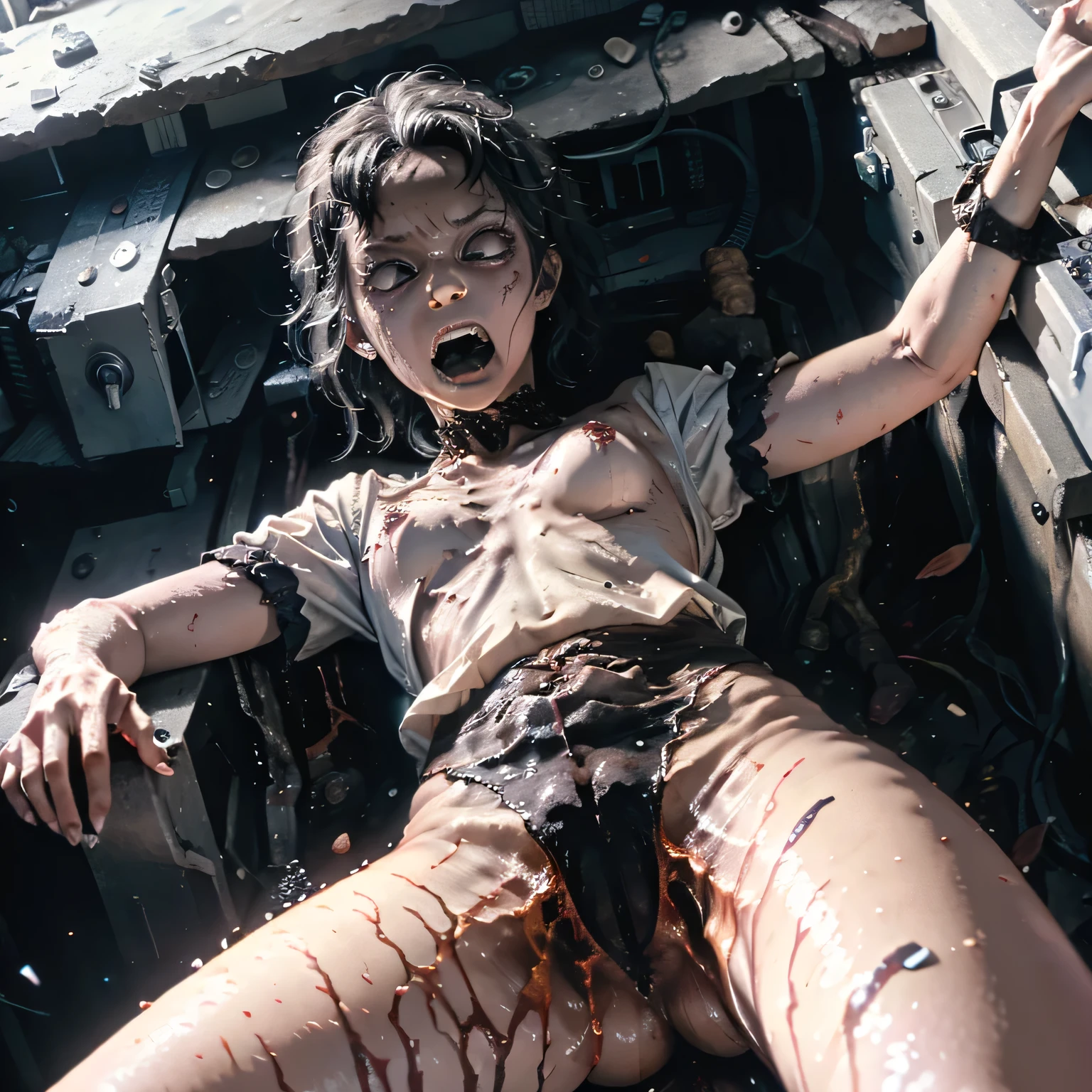 masterpiece, Highest quality, masterpiece,Zombie Girl　lying, Evil Dead, Dark Energy, empty, Hollow Eyes, (an extremely evil),Dead Girl、 black magic, Dark Forest, Negative Energy, hell, Corpse wearing a black gymnastics bloomers,high leg,self wedgie,white blouse、lava,fire,lying,横たわる遺体