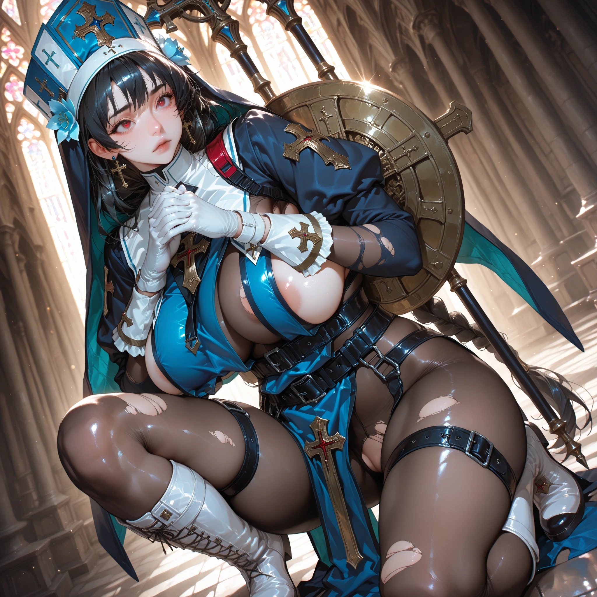 masterpiece, Highest quality, Beautiful and sexy, ((From below)), (1 female), ((alone)), Excellent costume design, Seductive pose, charm, Dark blue eyes, (((Open your legs and raise your knees))), (real chest), (8k Full Body RAW Photo), (Highly detailed skin: 1.2), (See-through black leotard),((Oily skin)), Captivating look, Highly detailed face, fine grain, ((Sweaty body)), In the forest at night,1 Girl Umi Ryuzaki Hairband, (((Big Ass))),(((Very muscular and thick thighs))),Thigh gap,(((Narrow waist))),Standing with her hips sticking out and her pubic hair pointing towards me, ((cameltoe)),Metal chest armor. Pauldrons,White metal knee boots, (Realistic:1.0),Front view,1girl umi ryuuzaki hairband headgear, blue armor shoulder armor blue cape elbow gloves leotard white thighhighs(((Standing with hips thrust forward and pubic hair facing the viewer))), ((cameltoe)),Metal chest armor. Pauldrons,White metal knee boots, (Realistic:1.0),Front view,1girl umi ryuuzaki hairband headgear, blue armor shoulder armor blue cape elbow gloves leotard white thighhighs,Pubic hair protruding from the gap in her leotard、Fighting with a rapier,