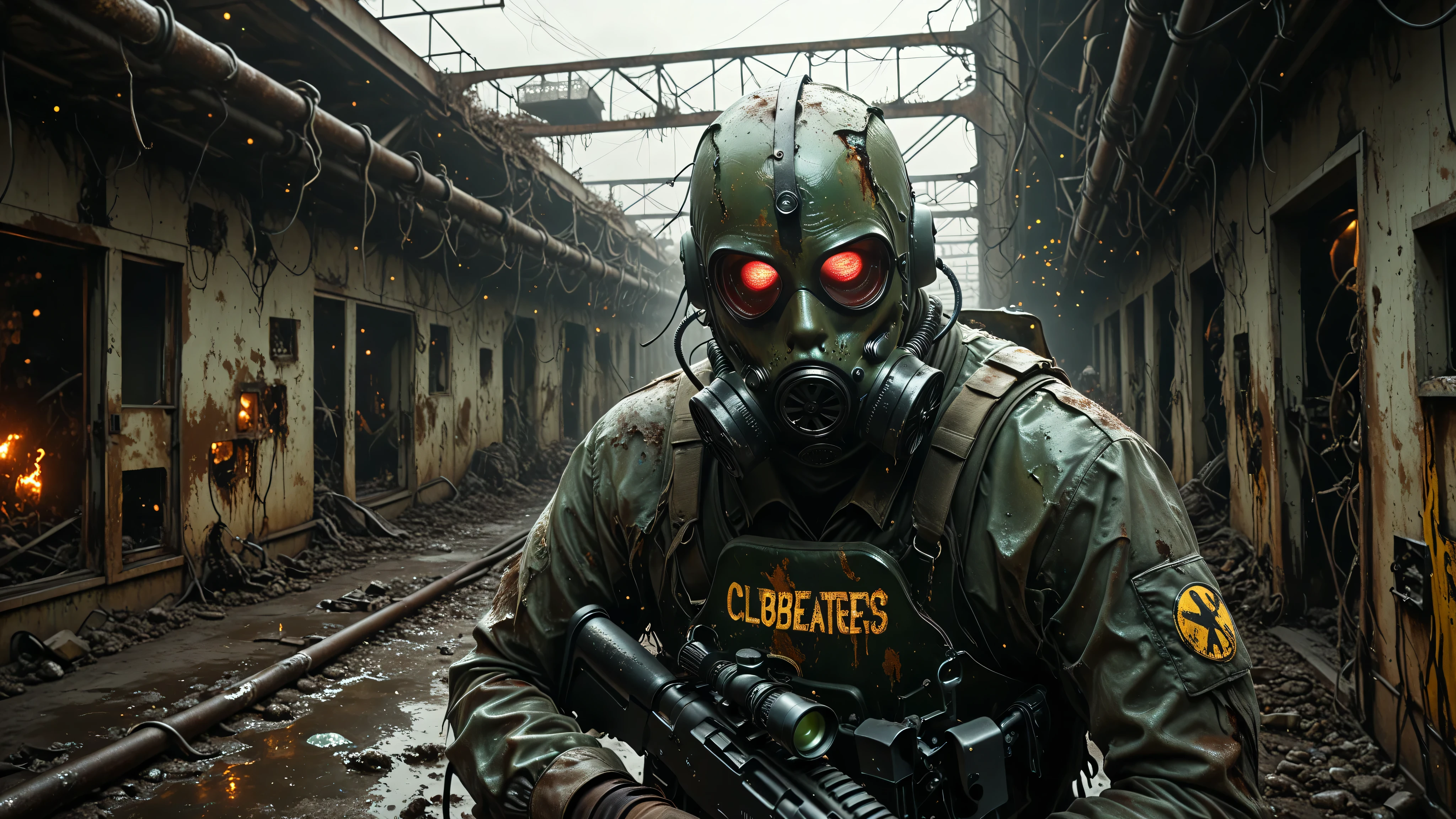 muses_in_dark, inconsistent lighting,low light,realistic,assassinkahb style,sin city style,masterpiece, radioactive horror,CHERNOBYL-STALKER-PRIME, elite sniper facing horde of red-eyed zombies in corroded Soviet gas masks, perfect horror atmosphere, abandoned nuclear facility, HDR toxic mist, green radiation particles, perfect dread composition, rusted industrial equipment, melting snow mixed with radioactive dust
