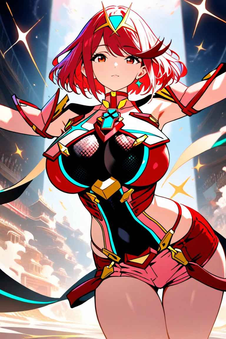pyra \(xenoblade\), teen_1girl, loli, bangs, black gloves, breasts, red eyes, shout, earrings, eyelashes, fingerless gloves, floating hair, , gem, gloves, hair ornament, headpiece, jewelry, gigantic_breasts, leaning back, swimsuit, neon trim, official art, pose, red hair, saitou masatsugu, short hair, sidelocks, skin tight, solo, swept bangs, thighhighs, tiara, fantasy_town_background, underbust, xenoblade chronicles \(series\), (xenoblade chronicles 2), (spread_legs:1.1), fire_effect,dynamic_pose,fighting,light_smile, (plump:1.1), big_ass,huge_sword, hold_large_sword_hilt, covered_nipples, covered_pussy, fists,ponytail,beautiful_fingers,(solo:1.1), bare_shoulder,(shoulder_naked:1.2), nipple_jewel,back, back_view, focus_ass,ass, (very_short_shorts:1.3),(lise_leg:1.4)