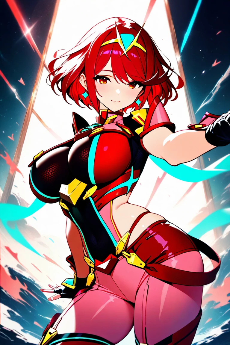 pyra \(xenoblade\), teen_1girl, loli, armor, bangs, black gloves, breasts, red eyes, closed mouth, earrings, eyelashes, fingerless gloves, floating hair, framed breasts, gem, gloves, hair ornament, headpiece, jewelry, big_breasts, leaning back, leotard, neon trim, official art, pose, red hair, red shorts, saitou masatsugu, short hair, short shorts, short sleeves, shorts, sidelocks, skin tight, solo, standing, swept bangs, thighhighs, tiara, night_prairie_background, turtleneck, underbust, vambraces, xenoblade chronicles \(series\), (xenoblade chronicles 2), apart_legs, fire_effect,dynamic_pose,fighting,light_smile, (plump:1.1), big_ass,huge_sword, hold_large_sword_hilt, solo, covered_nipples, covered_pussy,open_mouth,back_view, fists,