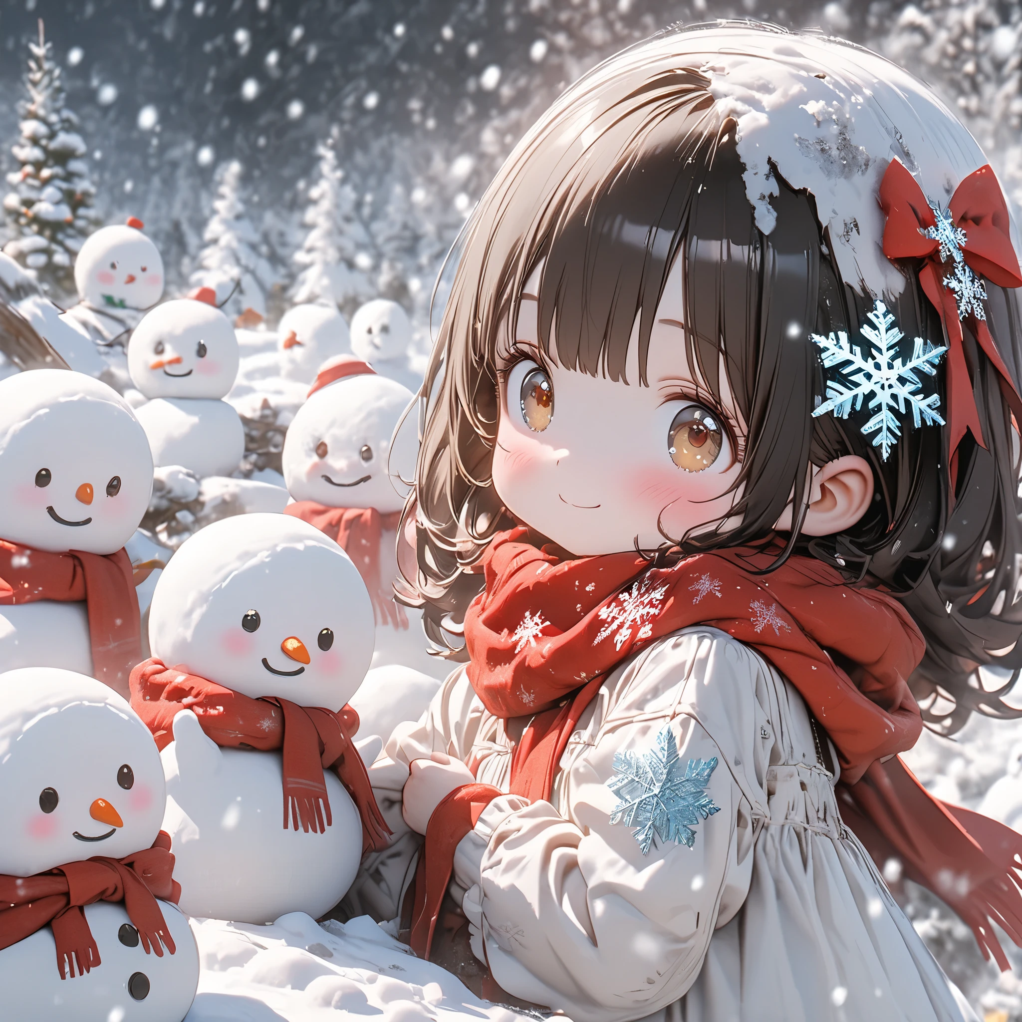 Super Details, 8k, Nice, Bright,cute girl、long black hair、Brown Eye、Beautiful eyes、 Snow Scenery 、snowflake hair ornament、white dress、red scarf、Smile Yan、A lot of snowmen、deform