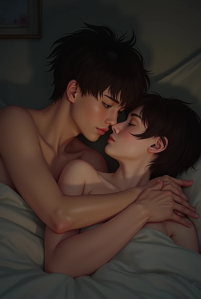 high quality, Realistic,(two japanese teen boys sleeping on the bed:1.5), (detailed eyes), (black short hair), (muscle:1.5), naked, (dark wet skin), (detailed puffy nipples:1.1), (boy's face Focus), black briefs, bulge,best quality, 4k, 8k, highres, (masterpiece:1.2),ultra-detailed, (realistic, photorealistic, photo-realistic:1.37), looking at viewer, (face close up:0.7),--no watch,