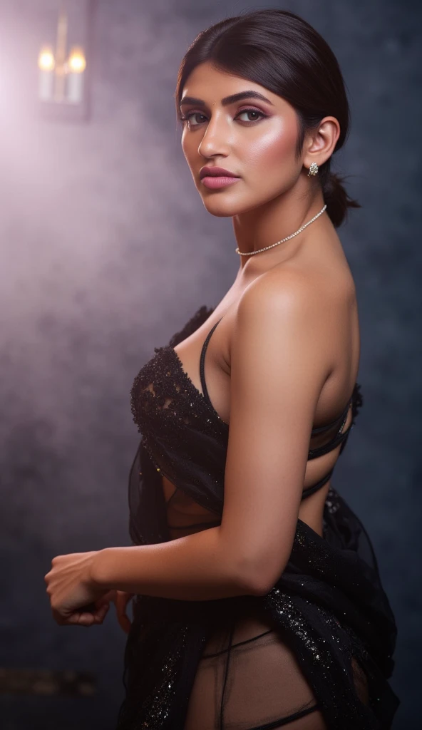 a woman in a black dress posing for a picture, indian, sexy :8, sexy look, sexy girl, indian super model, sexy pose, provocative indian, indian goddess, seductive lady, very seductive pose, full body photoshoot, seductive and powerful, very sexy pose, elegant seducing pose, attractive pose, shot on canon eos r5, big , sexy cleavage, full wet body