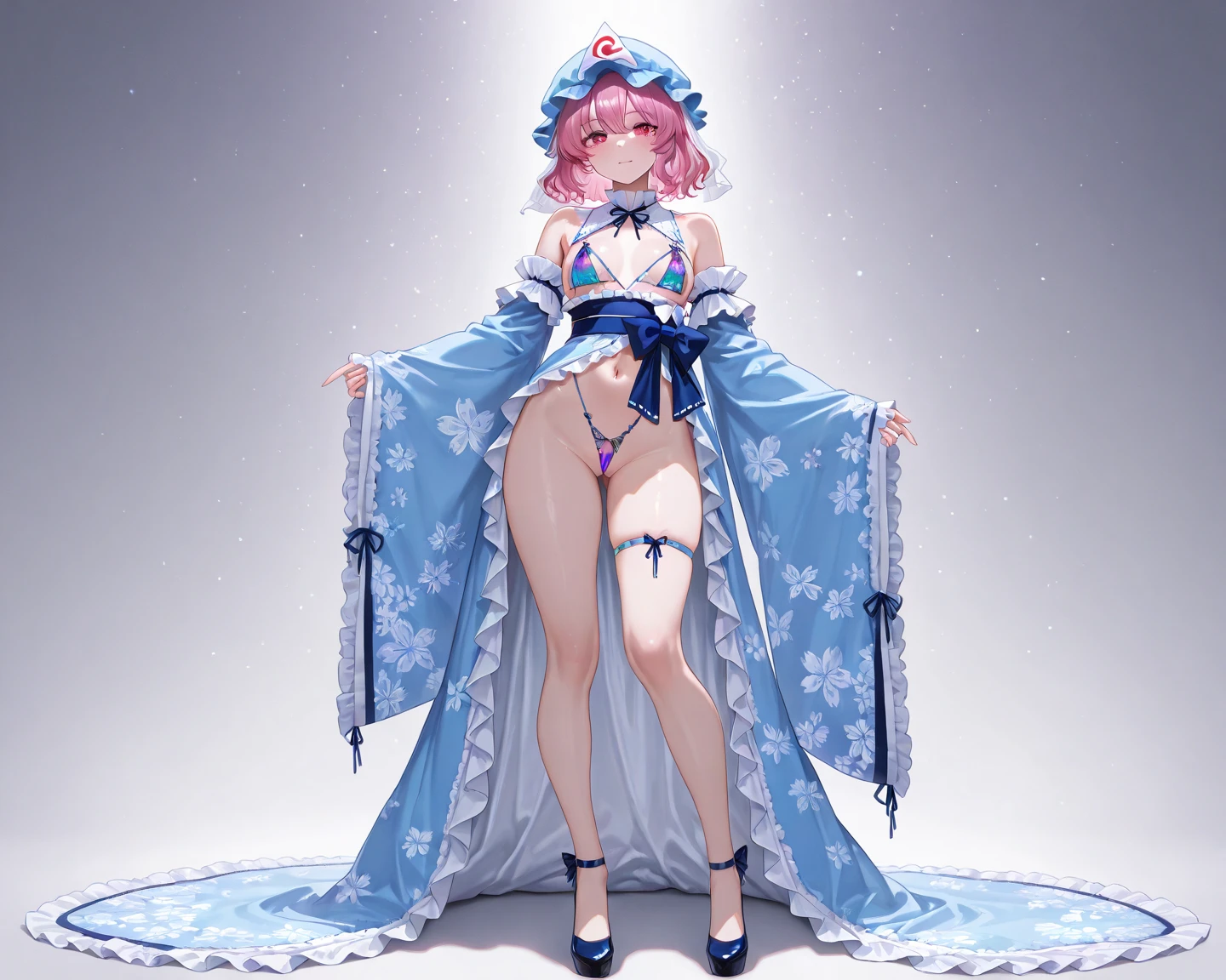 {((1woman))}, ((wearing clothing made of extremely transparent white ceda and panties made of extremely transparent and tight white ceda on the body, no bra, long white socks transparent up to the cochas)), ((short straight pink hair, shimmering green eyes)), ((has extremely large breasts)), only she is ((looking at the viewer, giving a small smile, doing erotic pose,  standing)), ((in a hotel room, in front of a window, furniture)), (((full body))), 16k, UHD, Better quality, better resolution, better detail,