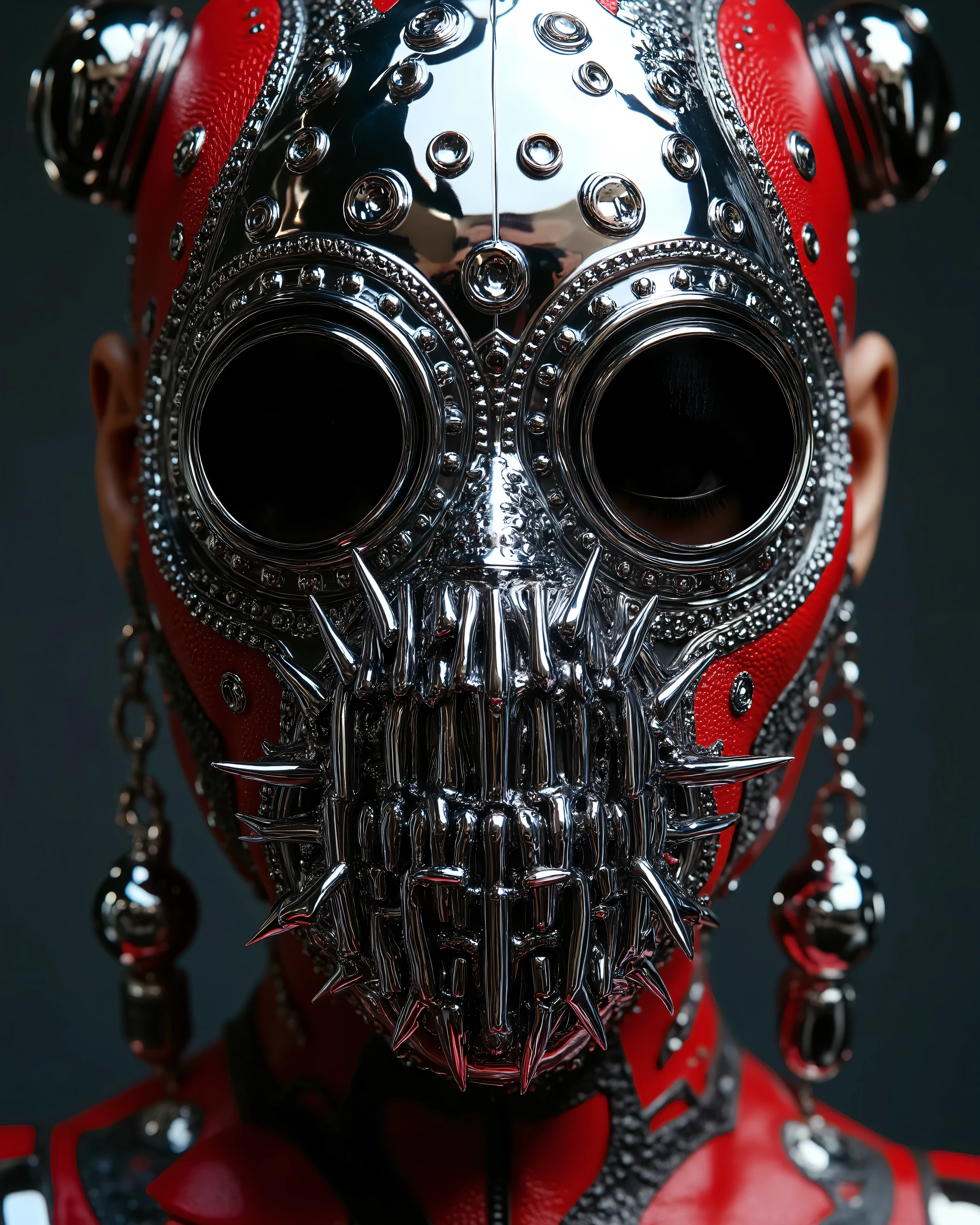 A Close-up of the, Jim Burns punk style, calabera Russian model with her hidden face with a chrome mask, shows us her barbed heart with hundreds of steel thorns, design has chrome pieces inside., The masterpiece of the art