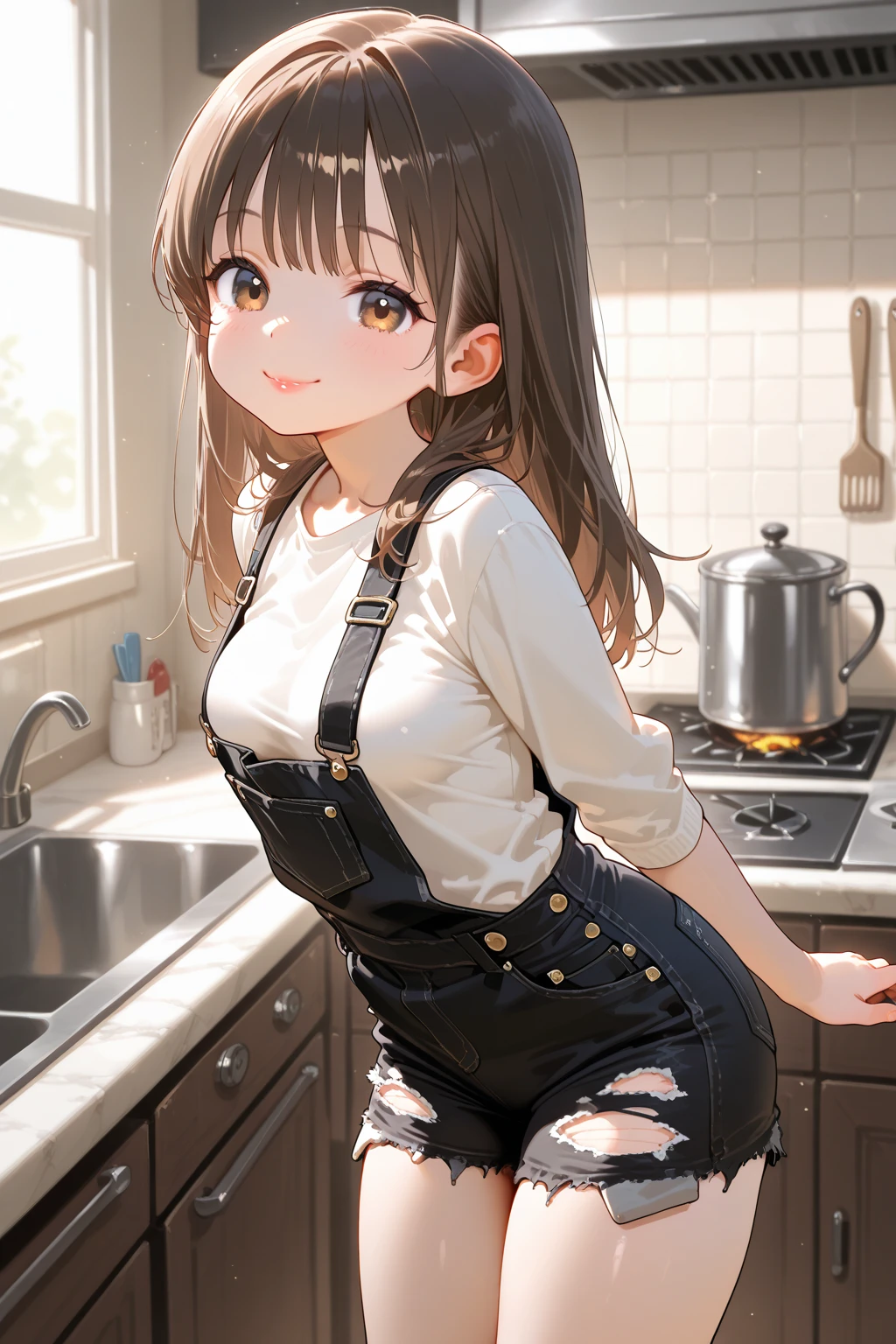 (masterpiece, best quality, ultra-detailed, highres, 4k),(beautiful detailed eyes),(very detailed face),(1girl),HDR,long hair, shorts, phone, brown eyes, brown hair, cellphone, bracelet, tank top, jewelry, watch, lips, solo focus, nail polish, blurry background, smile, wristwatch, realistic, blurry, looking at viewer