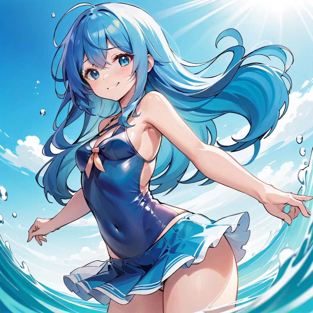 (Sky blue hair),(Braided hair tied together)、Pink eyes、Fair skin、(whole body)、(One Girl)、bikini、Shining white sand beach in midsummer、Okinawa's ocean、A happy smile、、(masterpiece、Highest quality、Very detailed、Best Shadow)、(Detailed Background)、(Beautifully detailed face)、High contrast、(Best lighting、Very delicate and beautiful)、((Cinematic Light))、colorful、Hyper Detail、Dramatic Light、Exquisite detail、Jumping and having fun
