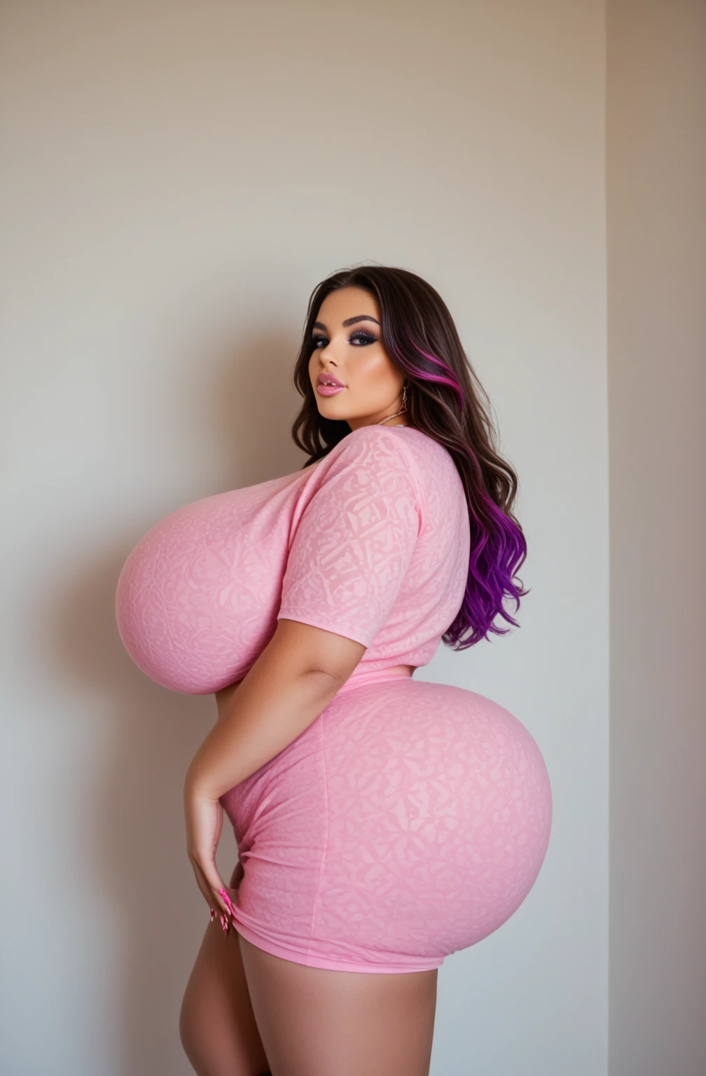 best resolution, 2 heads, cute flabby conjoined woman with two slender heads, conjoined, huge nipples, macromastia, blonde, pink hair, long hair, eyeliner, one head a young looking cute 18 year old, other head 69 years old, fat flabby ass, breasts so massive she can’t move, tongue kissing each other while playing with her belly, big round belly, age difference between the older and teenage heads 