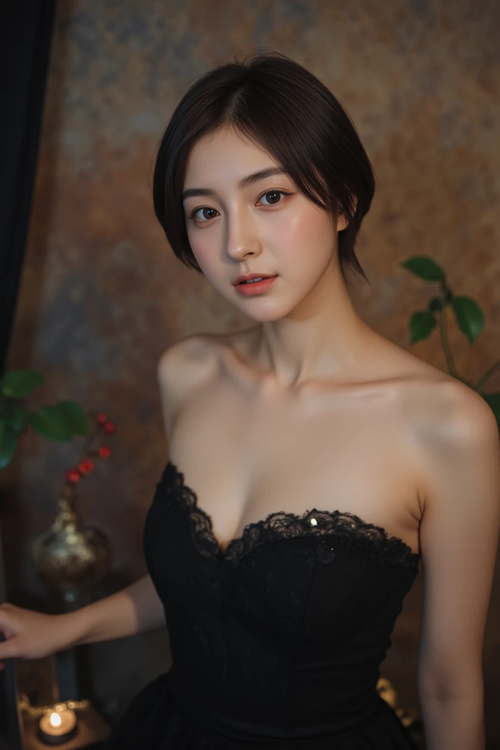 (highest quality, masterpiece:1.3), shape, ((Beautifully detailed face)), beautifully detailed skin, Intricate details, Very detailed, Best image quality in 8K, The true picture () (18 year old female model:Black Gothic Lolita,Putting on a collar) (Small breasts), ,Japanese Girls,One Girl,Baby Face,(Detailed Hair,Side Ponytail,Black Hair),Detailed lips,Open your mouth,(Lying in bed,Sleep on your back:1.2,Spread your legs,Top View),Detailed legs,Beautiful legs,Beautiful hip line,blush,Embarrassing,Realistic Face,Realistic Skin,(sexy:1.2,Leaving only),(Vibrant Skin,Moisturized Skin:1.2),Vivid lips,Lip gloss